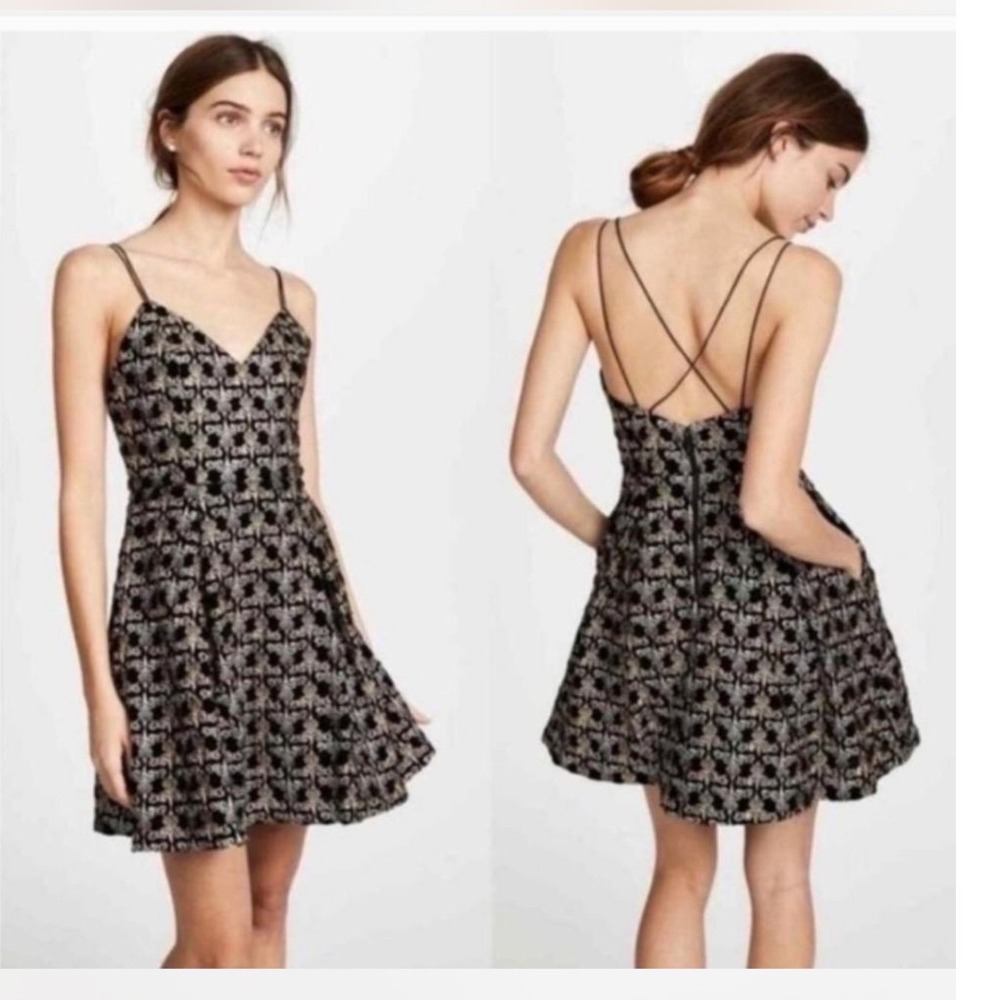 Alice + Olivia Marilla Dress 12 Black GoldSilver Embroidered Velvet Fit Flare